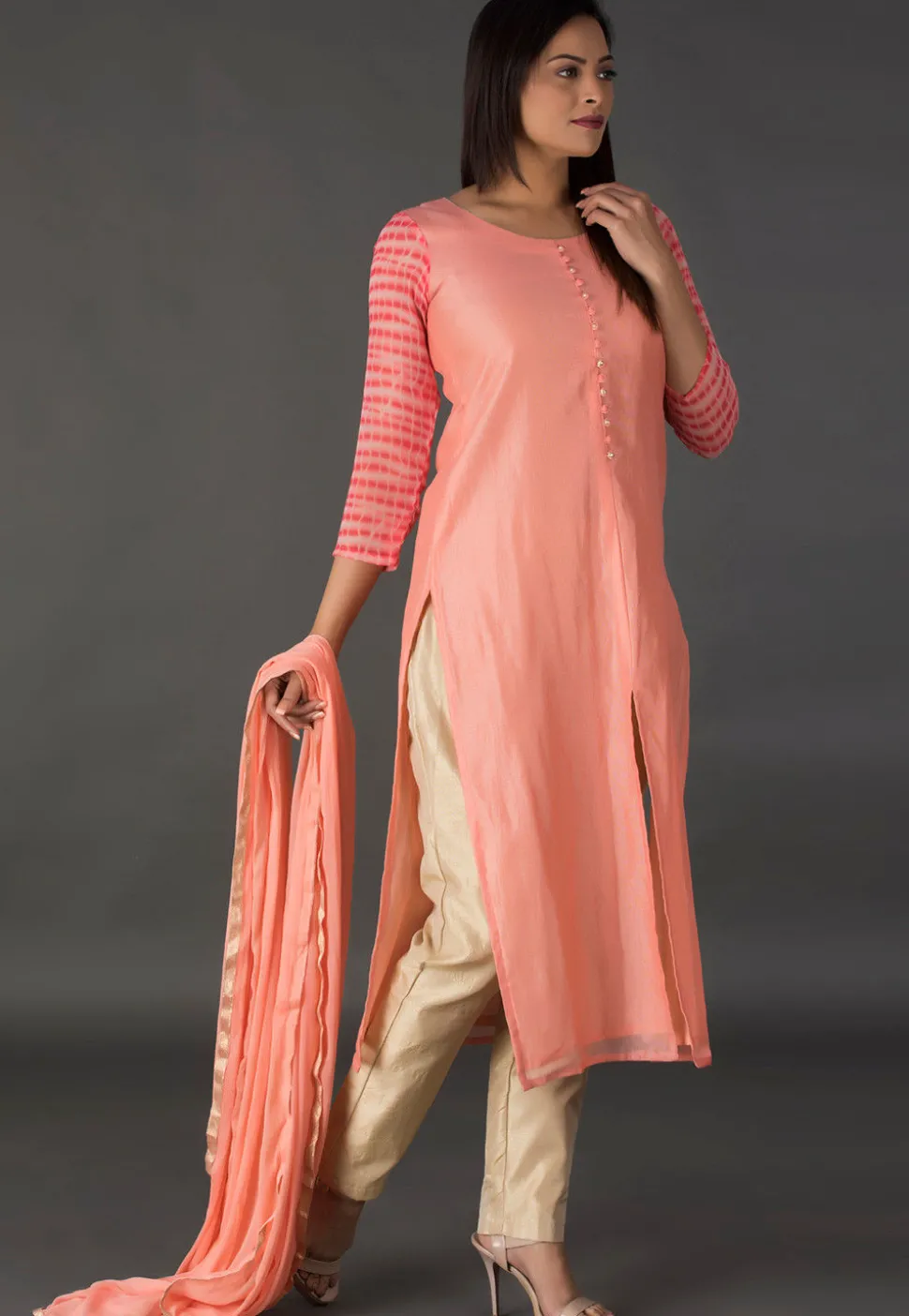 Tie Dyed Sleeve Chanderi Silk Pakistani Suit in Peach