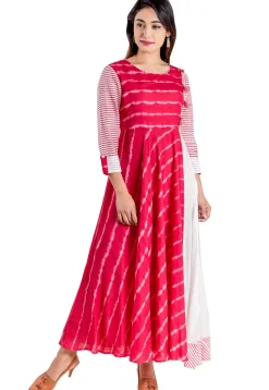 Tie N Dye Modal Satin Long Kurta in Fuchsia and white