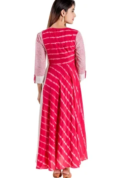 Tie N Dye Modal Satin Long Kurta in Fuchsia and white