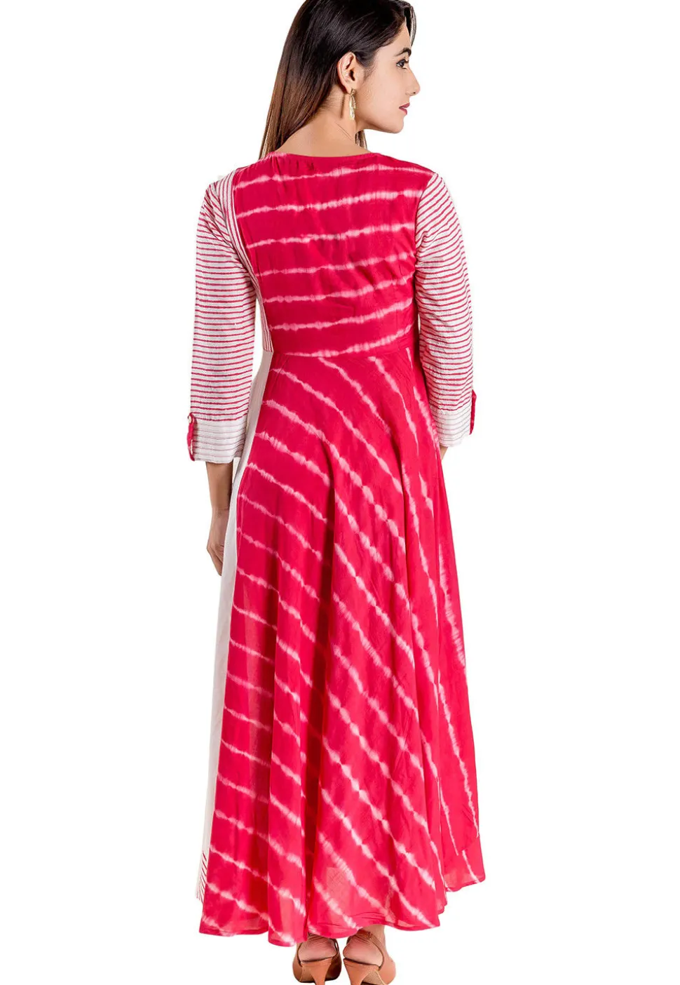 Tie N Dye Modal Satin Long Kurta in Fuchsia and white