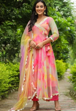 Tie N Dye Printed Pure Chiffon Angrakha Style Aline Suit in Pink