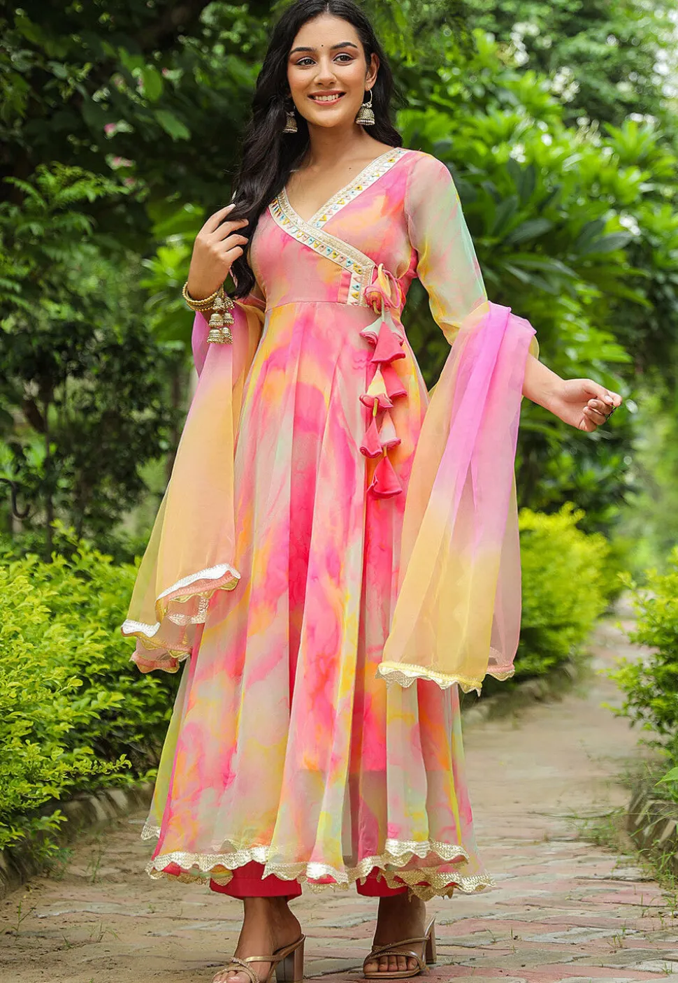 Tie N Dye Printed Pure Chiffon Angrakha Style Aline Suit in Pink