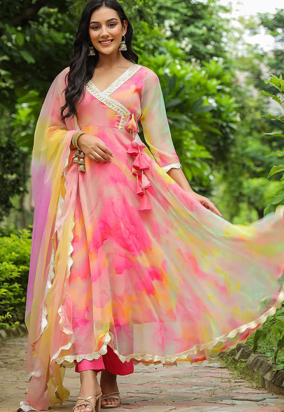 Tie N Dye Printed Pure Chiffon Angrakha Style Aline Suit in Pink