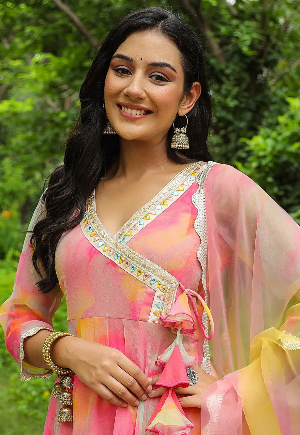Tie N Dye Printed Pure Chiffon Angrakha Style Aline Suit in Pink