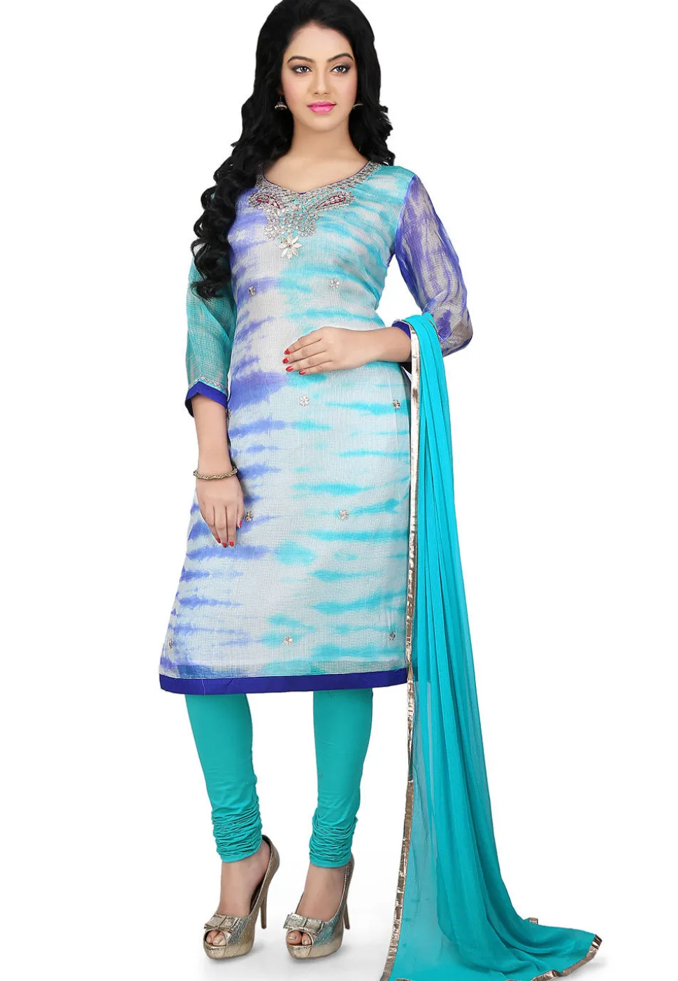 Tie N Dye Pure Kota Silk Straight Cut Suit in Blue