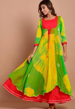 Tie N Dyed Chiffon Layered Maxi Dress in Yellow and Green