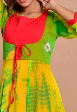 Tie N Dyed Chiffon Layered Maxi Dress in Yellow and Green