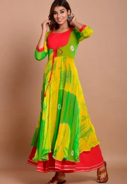 Tie N Dyed Chiffon Layered Maxi Dress in Yellow and Green