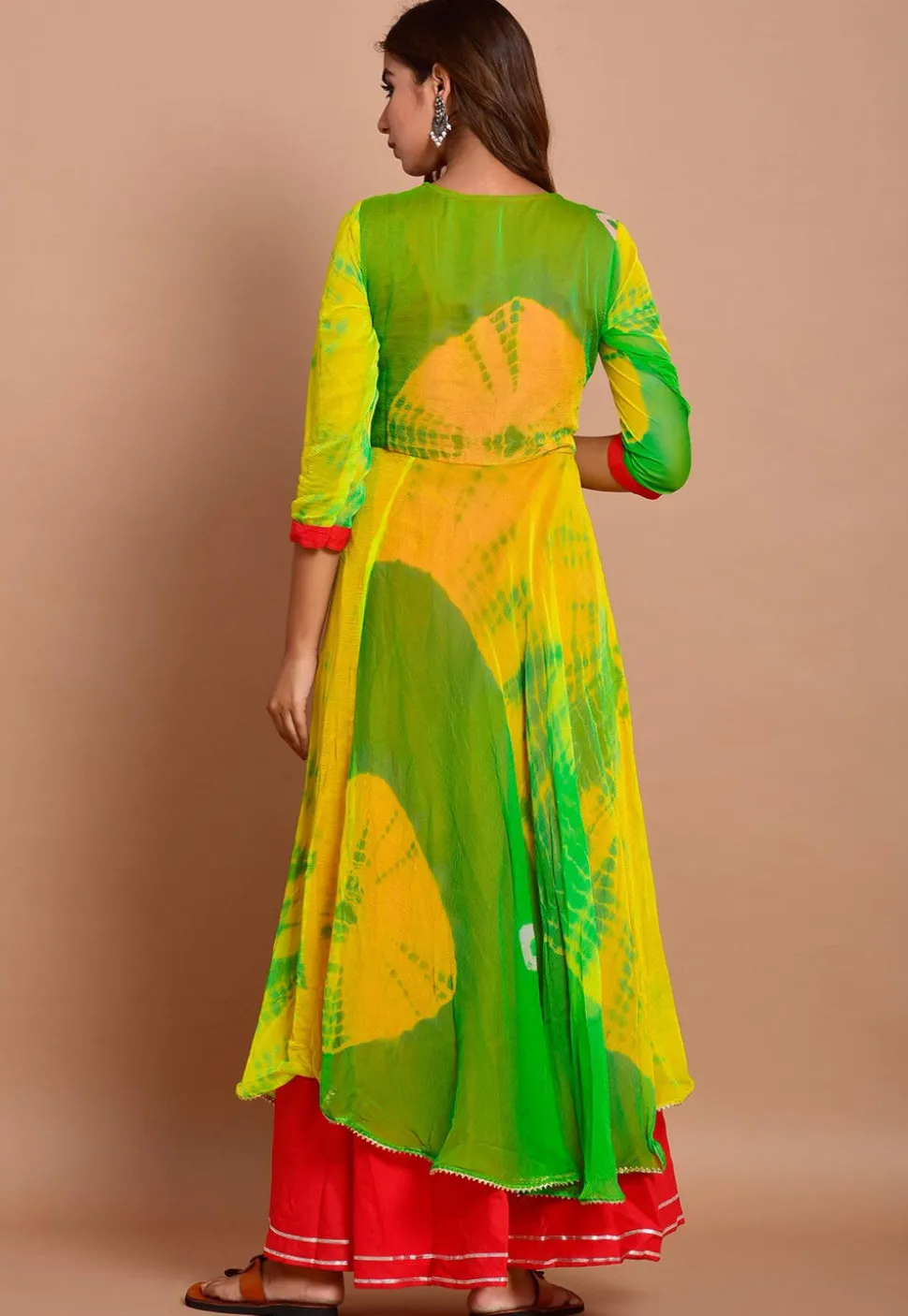 Tie N Dyed Chiffon Layered Maxi Dress in Yellow and Green