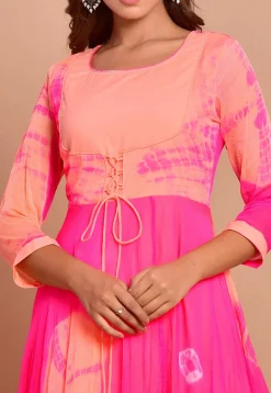 Tie N Dyed Chiffon Layered Maxi Dress in Fuchsia and Peach