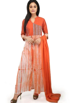 Tie N Dyed Cotton Abaya Style Suit in Orange and Off White