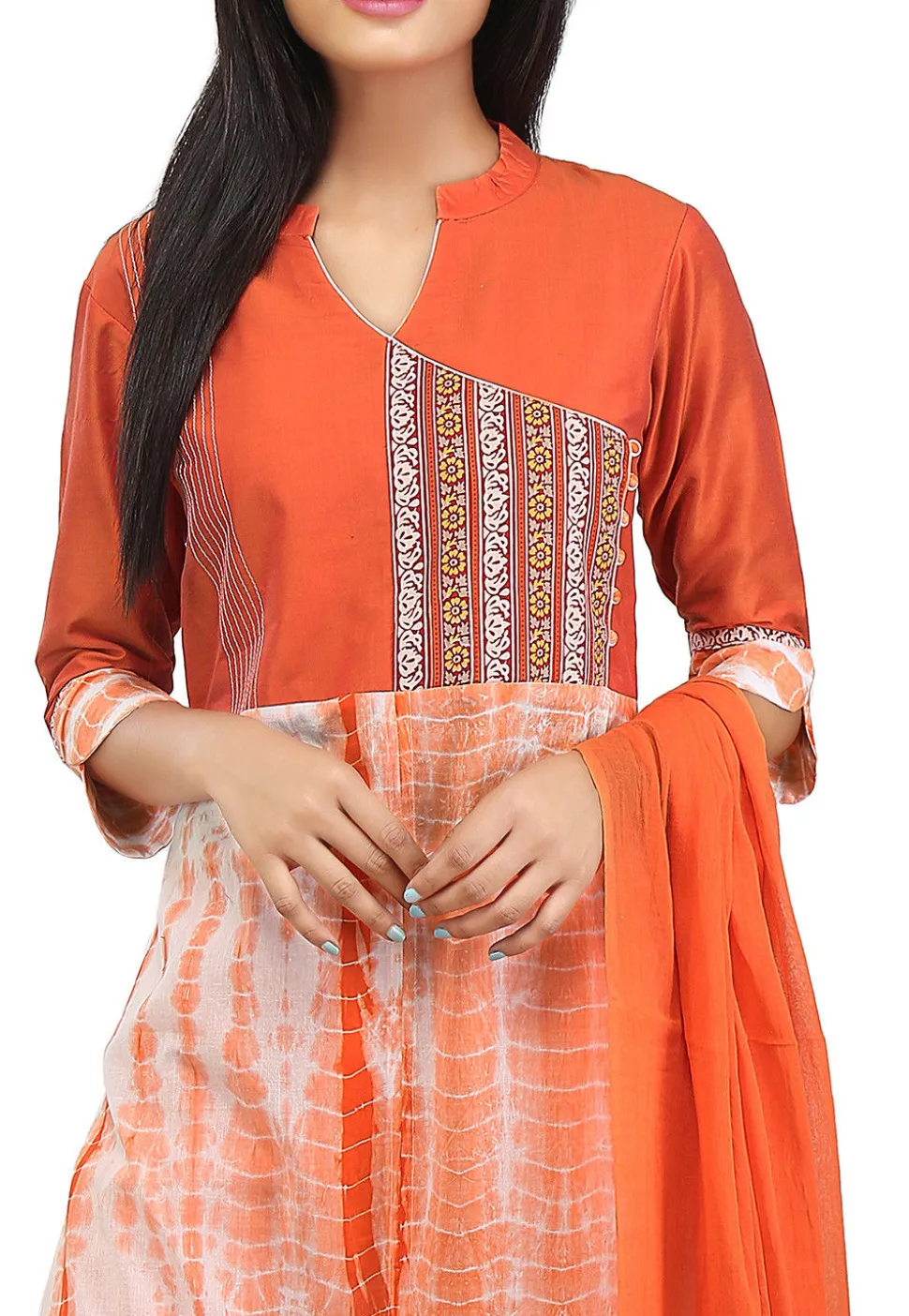 Tie N Dyed Cotton Abaya Style Suit in Orange and Off White