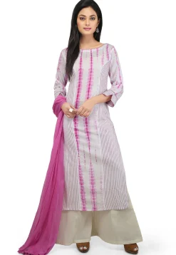 Tie N Dyed Cotton Pakistani Suit in White and Pink