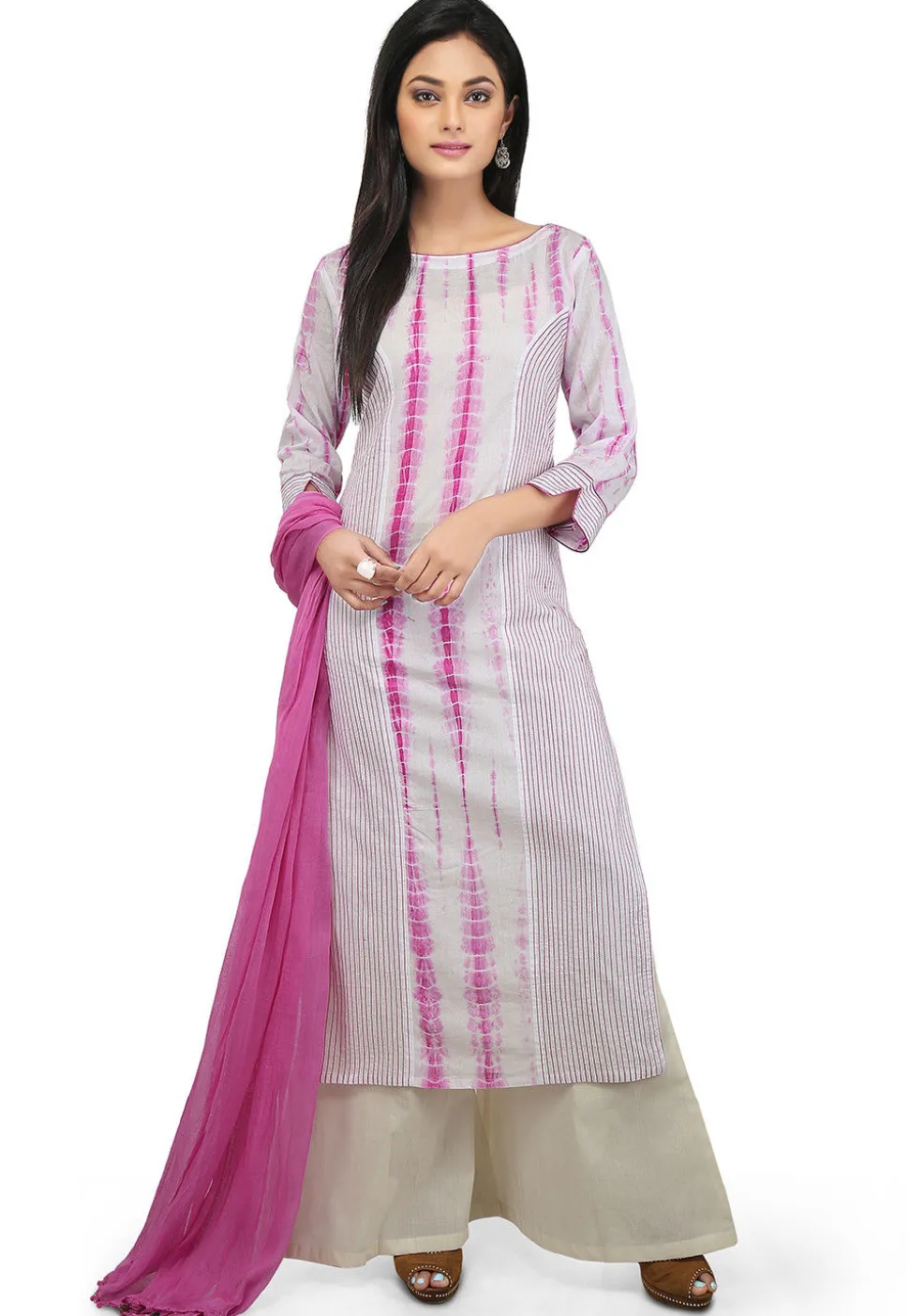 Tie N Dyed Cotton Pakistani Suit in White and Pink