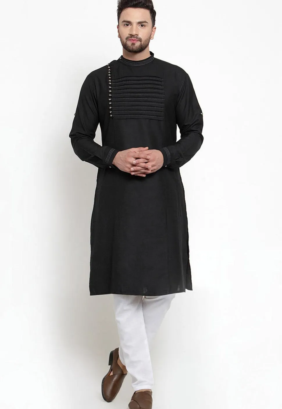 Tucked Cotton Kurta in Black