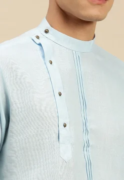 Tucked Cotton Slub Asymmetric Short Kurta in Sky Blue