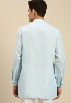 Tucked Cotton Slub Asymmetric Short Kurta in Sky Blue