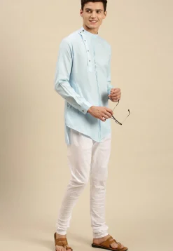 Tucked Cotton Slub Asymmetric Short Kurta in Sky Blue