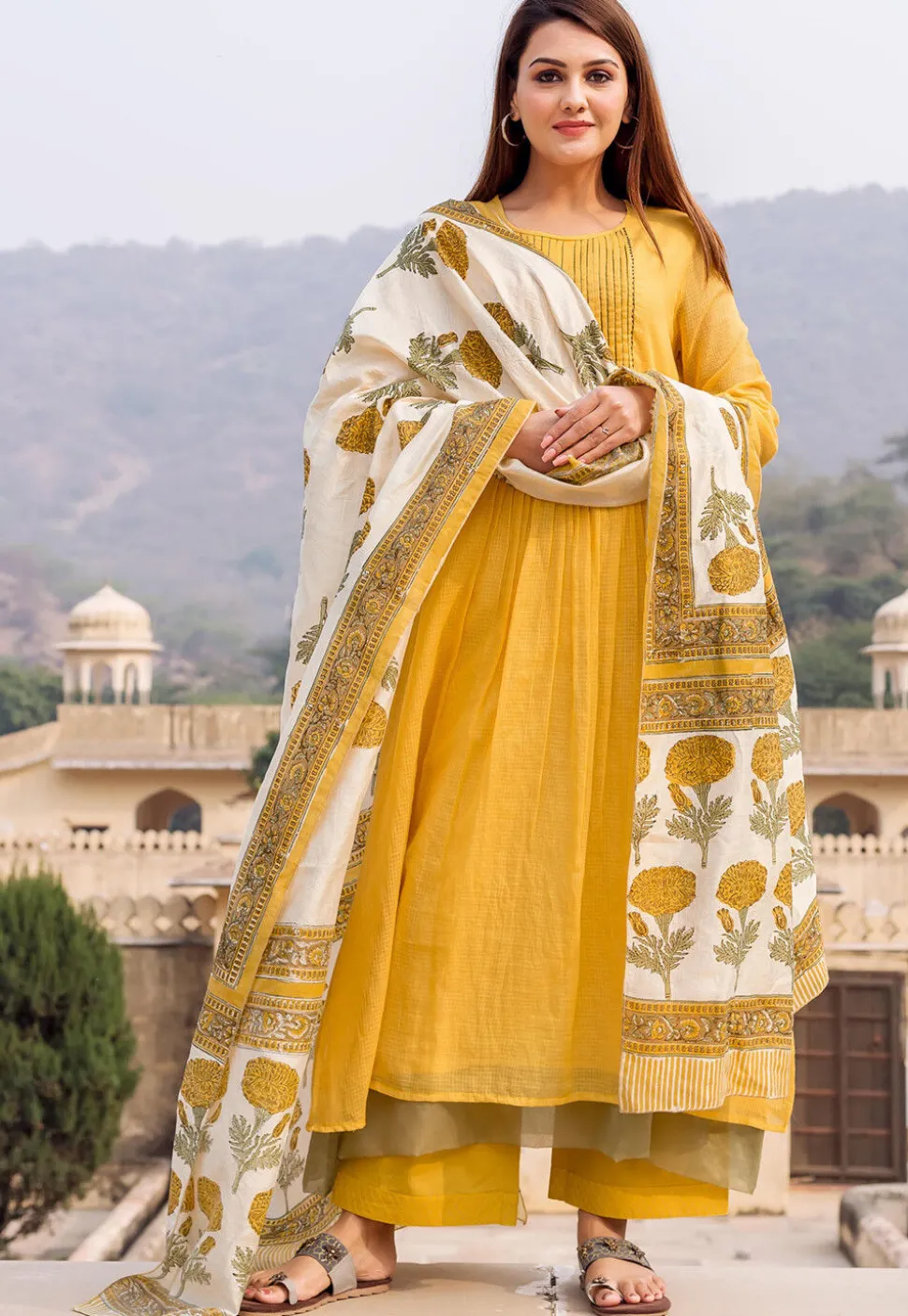 Tucked Kota Doria Pakistani Suit in Mustard
