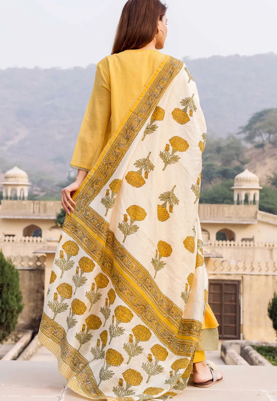 Tucked Kota Doria Pakistani Suit in Mustard