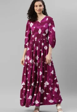 Tye Dye Printed Rayon Tiered Dress in Magenta