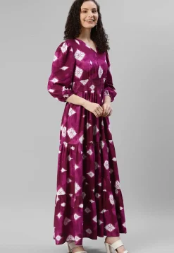 Tye Dye Printed Rayon Tiered Dress in Magenta