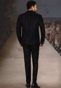 Velvet Embossed  Satin Three piece Tuxedo Set in Black