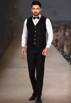 Velvet Embossed  Satin Three piece Tuxedo Set in Black