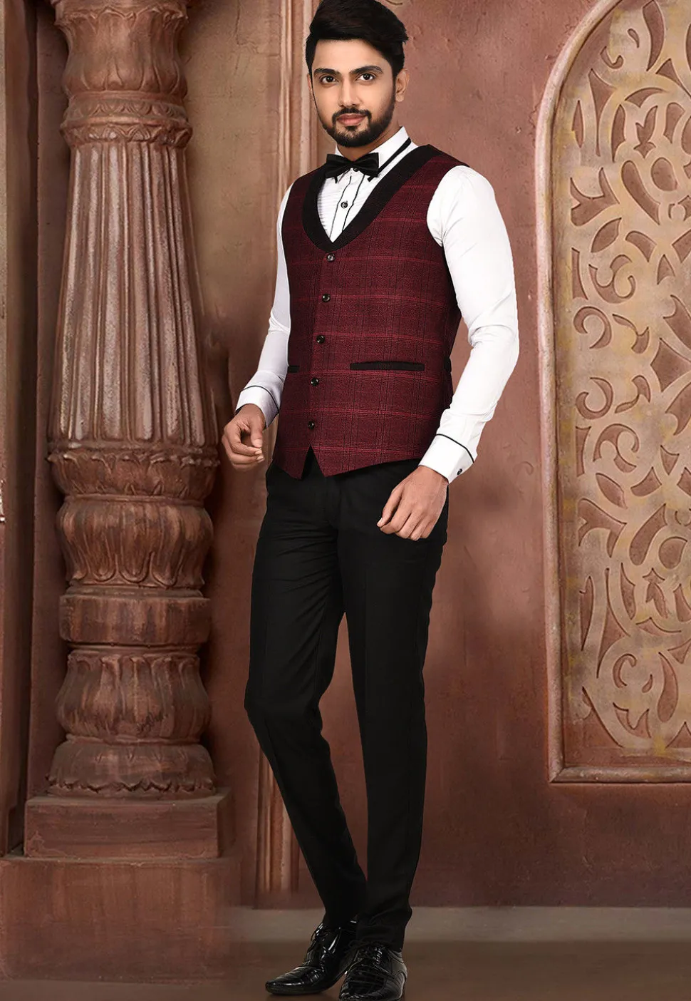 Woven Acrylic Cotton Tuxedo in Maroon and Black
