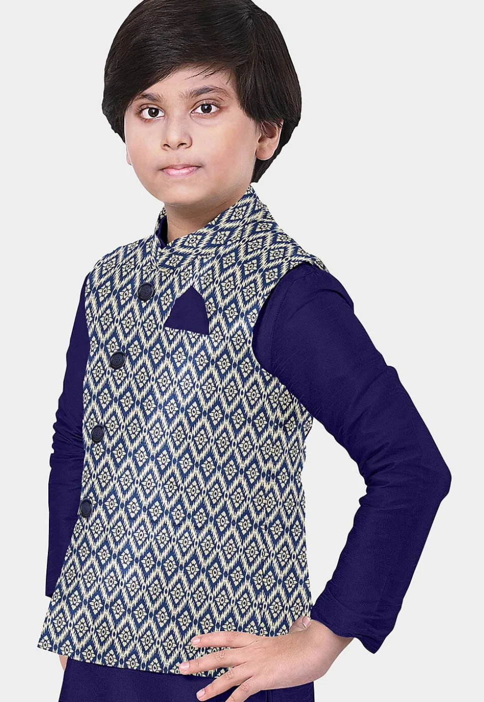 Woven Art Banarasi Silk Nehru Jacket in Beige and Blue