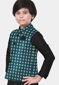 Woven Art Banarasi Silk Nehru Jacket in Teal Green