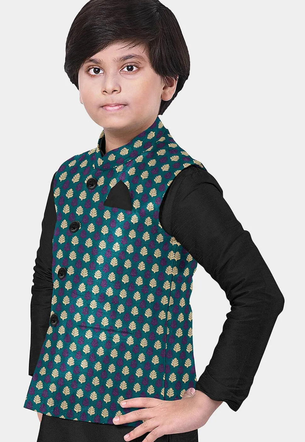 Woven Art Banarasi Silk Nehru Jacket in Teal Green