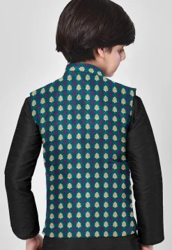 Woven Art Banarasi Silk Nehru Jacket in Teal Green