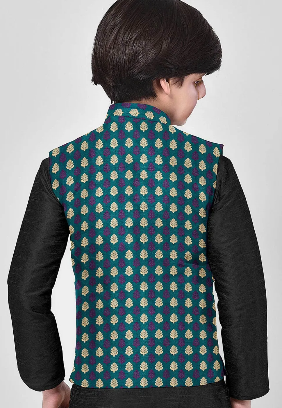 Woven Art Banarasi Silk Nehru Jacket in Teal Green