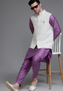 Woven Art Dupion Silk Kurta Jacket Set in Purple and Off White