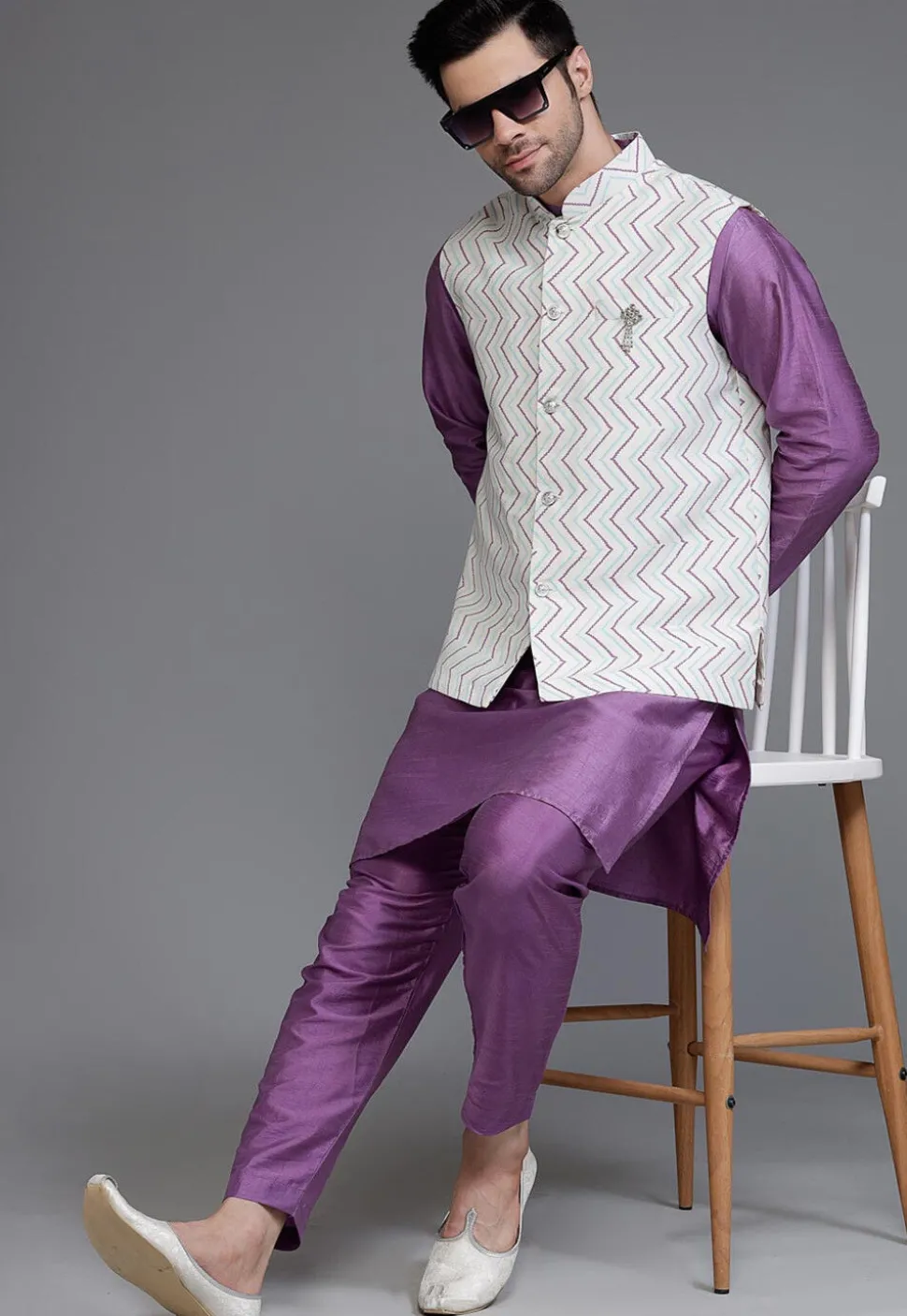 Woven Art Dupion Silk Kurta Jacket Set in Purple and Off White