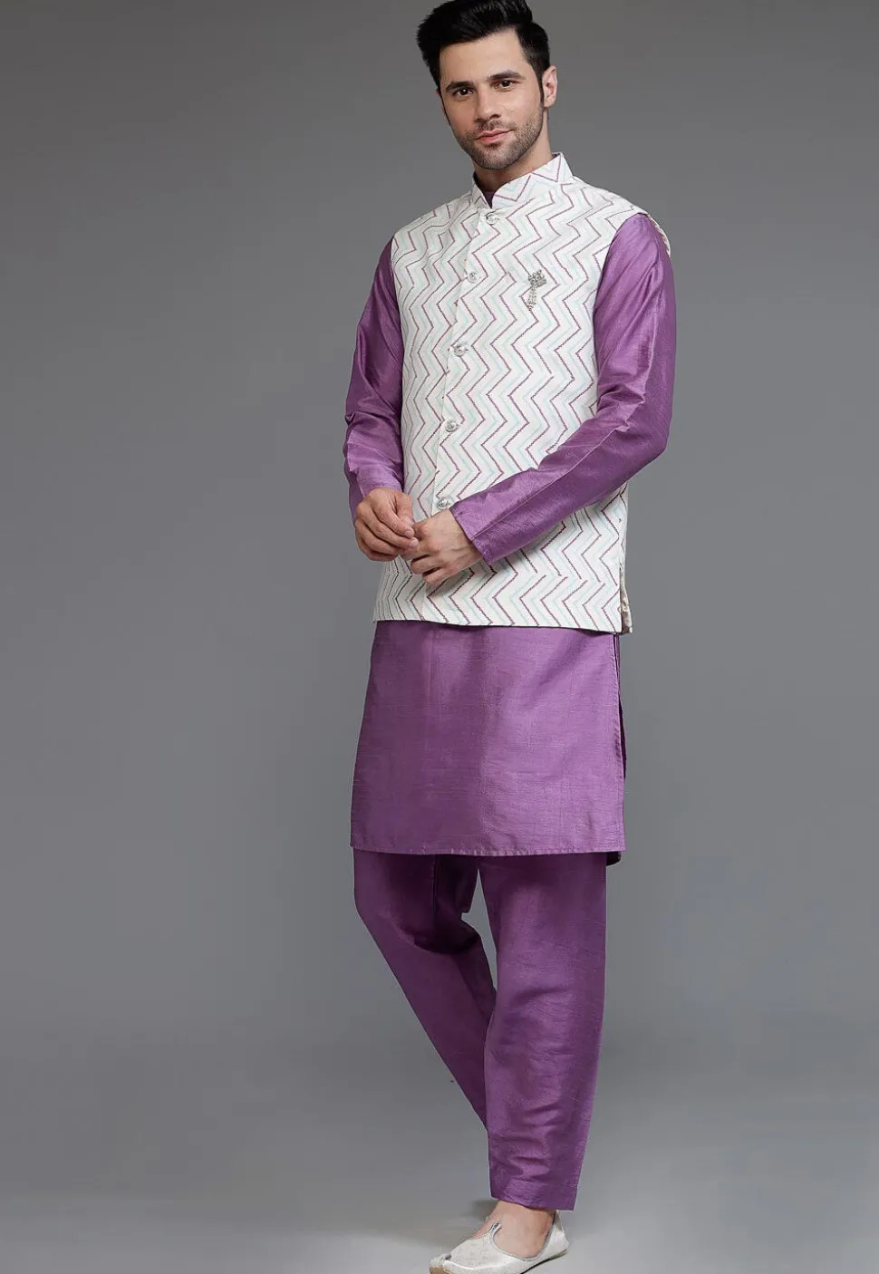 Woven Art Dupion Silk Kurta Jacket Set in Purple and Off White