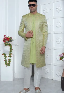 Woven Art Jacquard Silk Layered Sherwani in Light Green