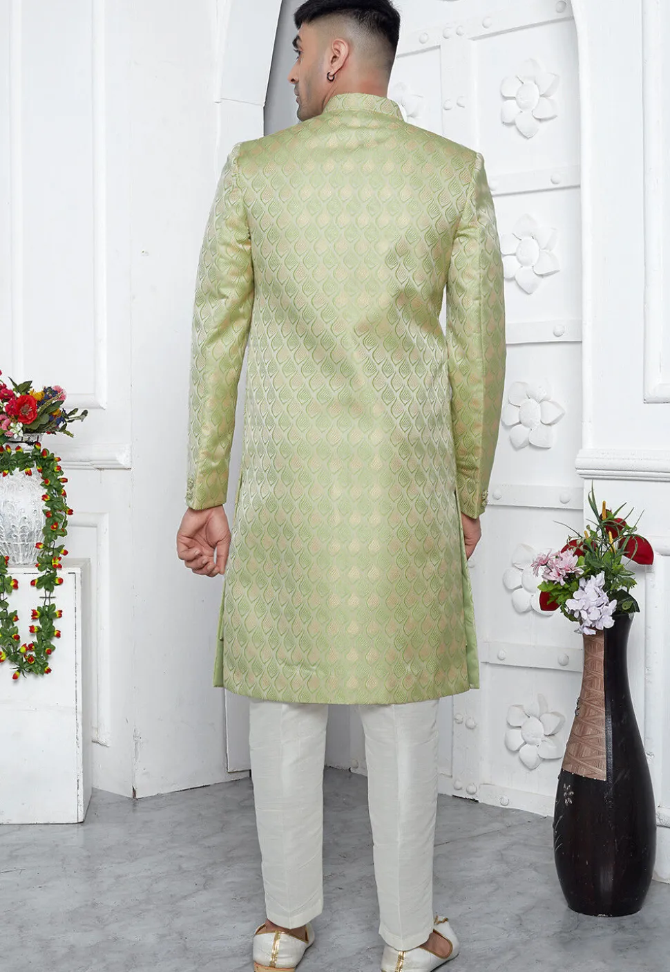 Woven Art Jacquard Silk Layered Sherwani in Light Green