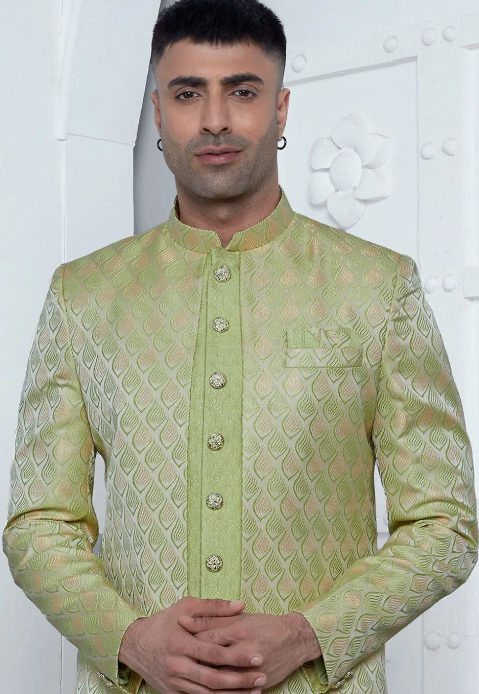 Woven Art Jacquard Silk Layered Sherwani in Light Green