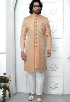 Woven Art Jacquard Silk Layered Sherwani in Orange