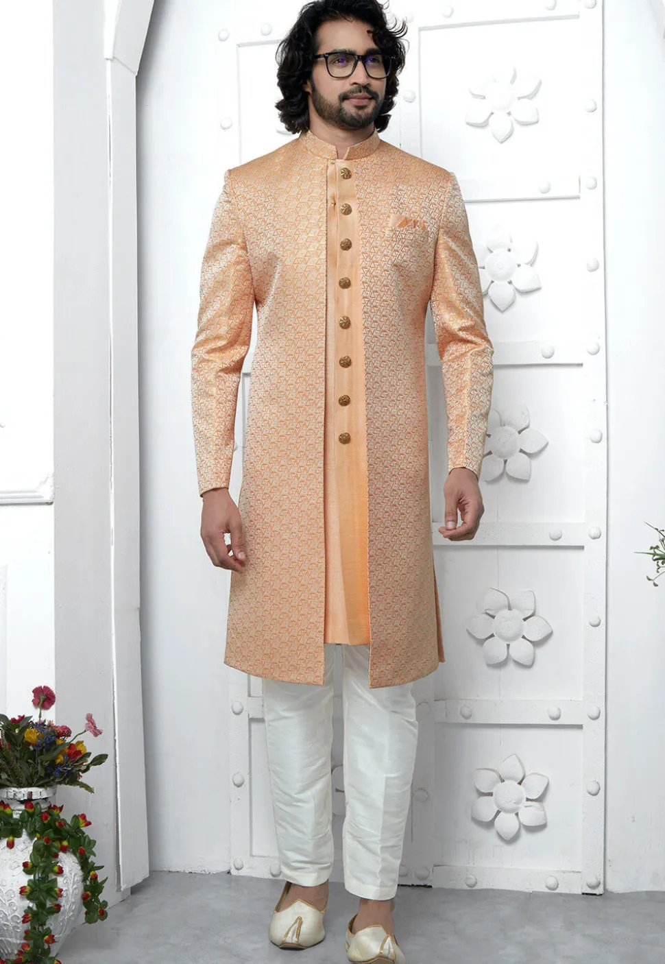 Woven Art Jacquard Silk Layered Sherwani in Orange