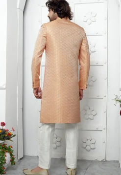 Woven Art Jacquard Silk Layered Sherwani in Orange