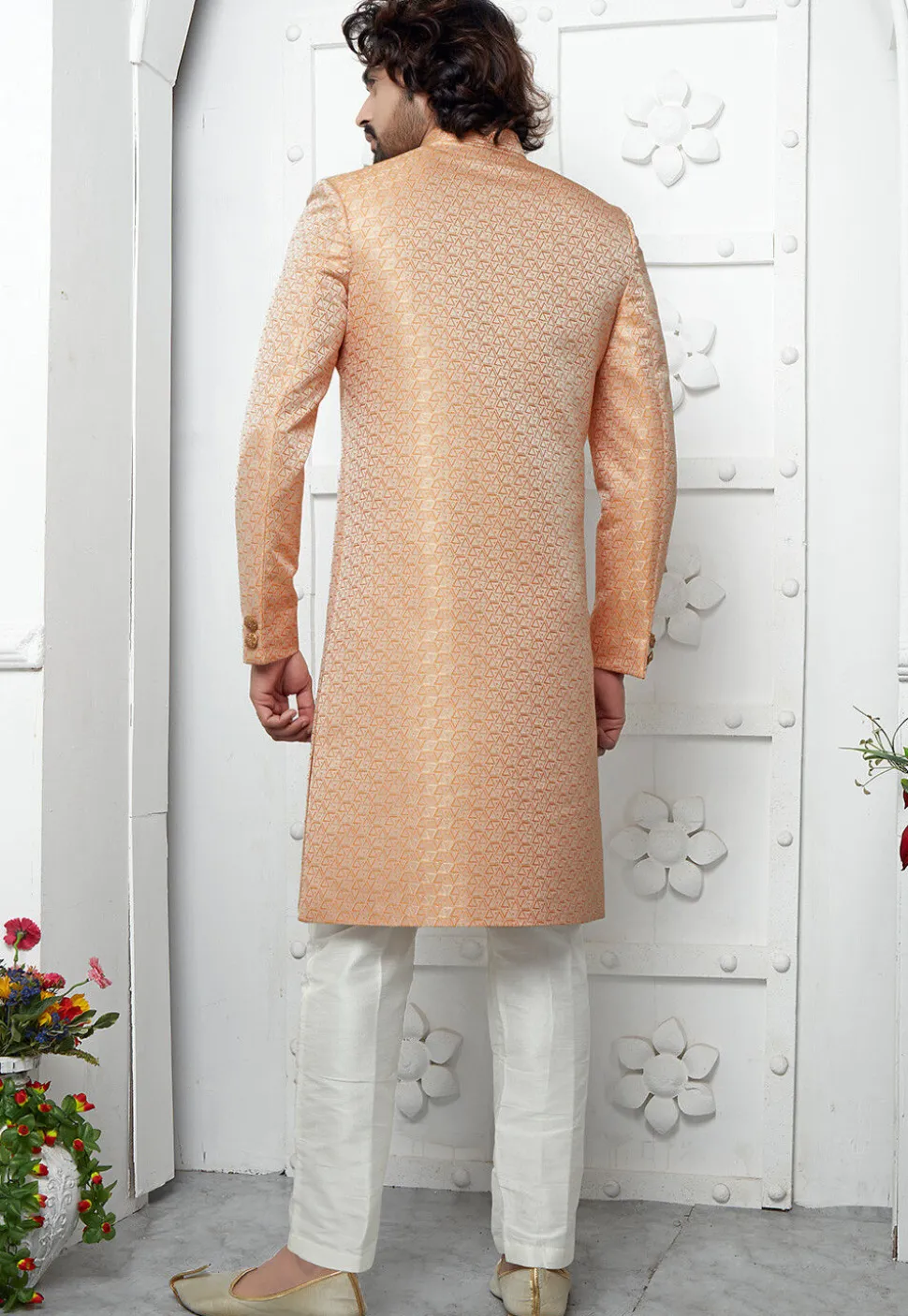 Woven Art Jacquard Silk Layered Sherwani in Orange