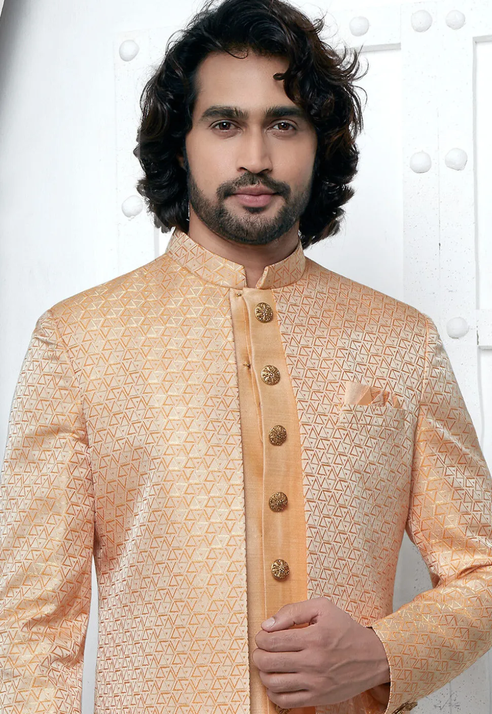 Woven Art Jacquard Silk Layered Sherwani in Orange