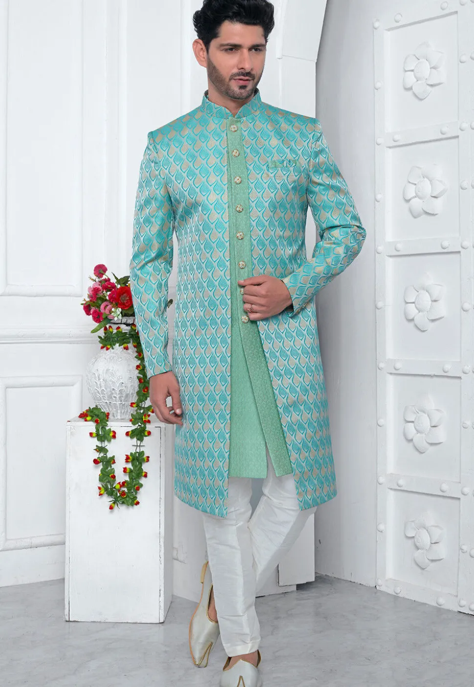 Woven Art Jacquard Silk Layered Sherwani in Dusty Green