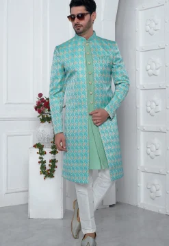 Woven Art Jacquard Silk Layered Sherwani in Dusty Green