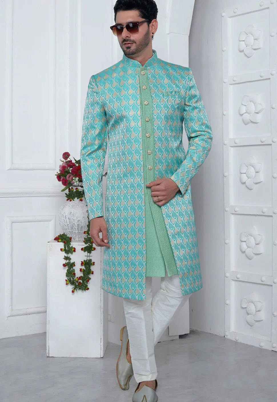 Woven Art Jacquard Silk Layered Sherwani in Dusty Green