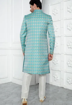Woven Art Jacquard Silk Layered Sherwani in Dusty Green