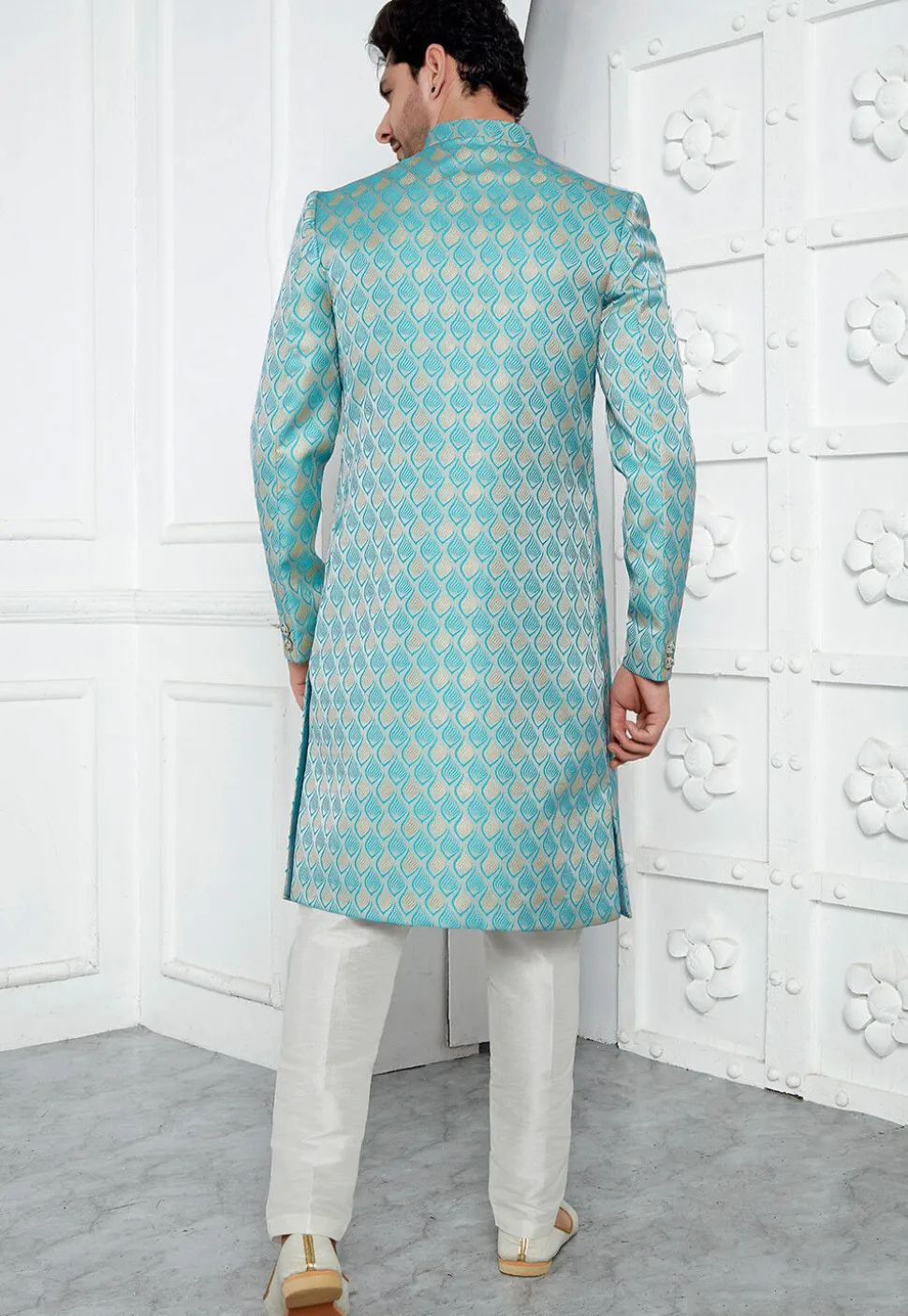 Woven Art Jacquard Silk Layered Sherwani in Dusty Green